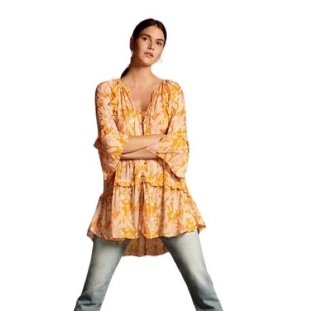 Anthropologie Mia Tiered 3/4 Sleeve Button‎ Front Yellow Floral Ruffled Top M